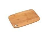 Bamboo kitchen cutting board with rounded corners and hanging hole.